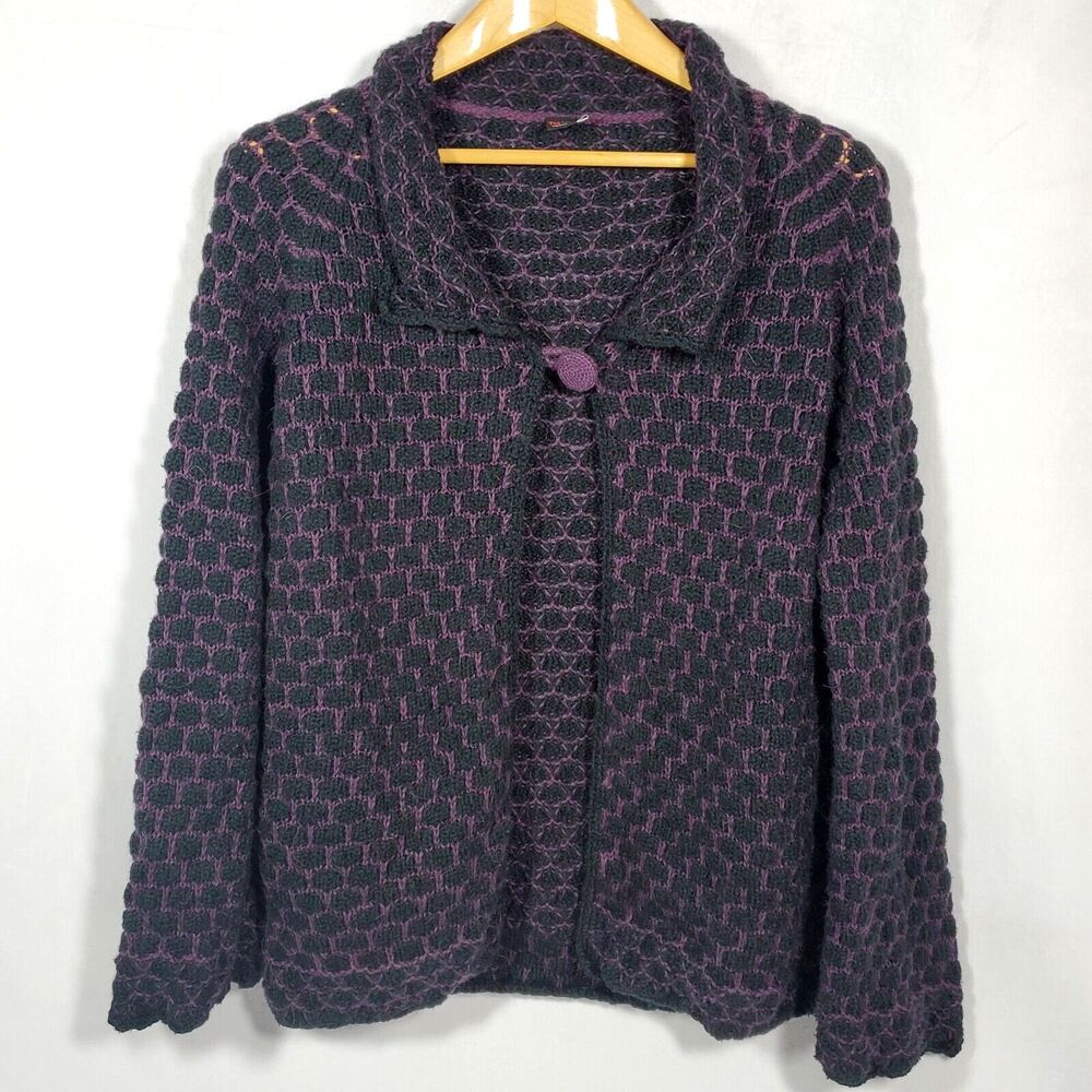 Tabask Alpaca Wool Cardigan Women's Sz S Handmade in PERU Sweater Black Purple